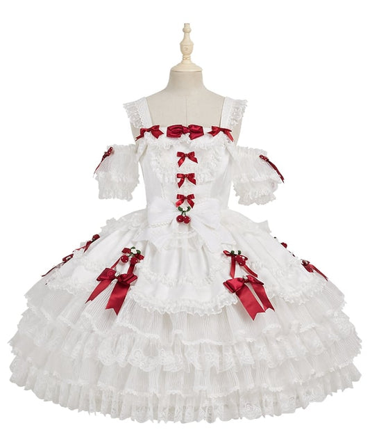 Robe princesse fraise blanche à volants superposés, jupe pull Sweet Lolita avec manches bouffantes amovibles