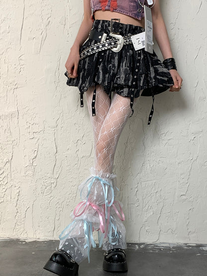 Sleeves Leg Set Semi-sheer Self-tie Floral White Design Y2K Pattern Straps Hollow-out Tights +