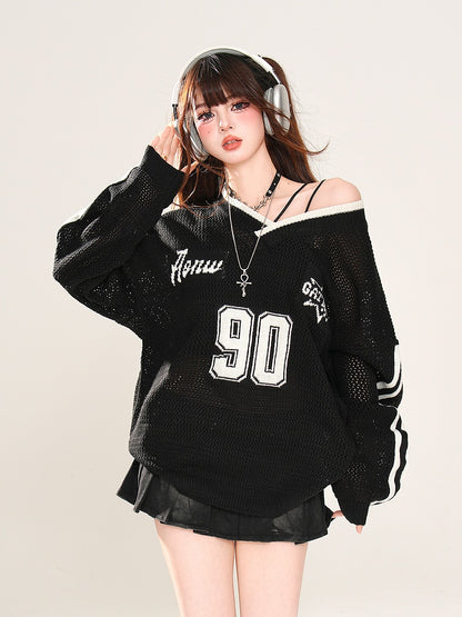 Black/White Asymmetrical Neckline Sun Protection Hollow-out Top