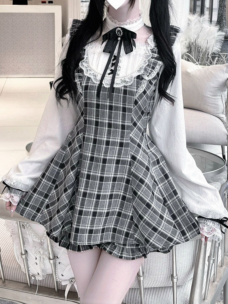 Sleeves Jirai Kei Black Illusion Neckline Flutter Plaid Set Lace Trim Mini Dress+Shorts White/Gray