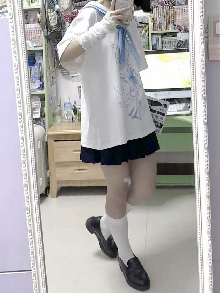 With Tenshi Bow Cartoon Tie T-shirt Collar Blue Sailor WhiteBlue Kaiwai Print