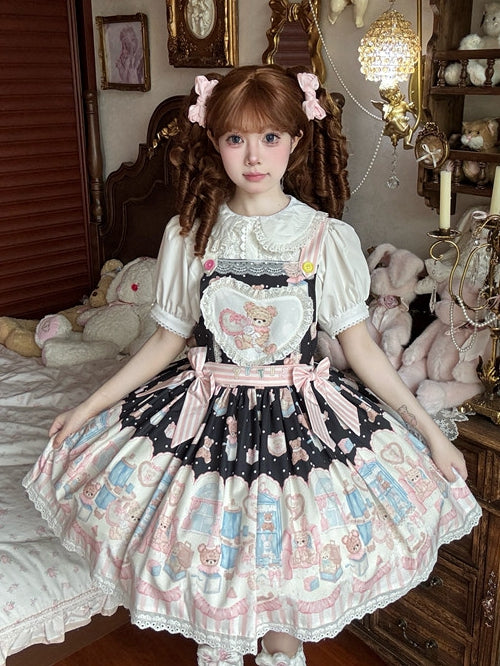 Bunny Plush Toy Sweet Teddy Lolita and Dress Black Print Overall
