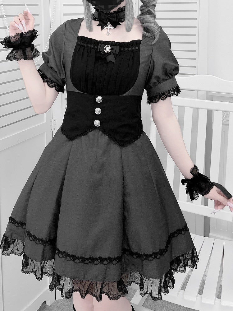 Corset Belt Design Puff Set- Trim Sleeves Kei and Dress Gray Full Black Lace Jirai