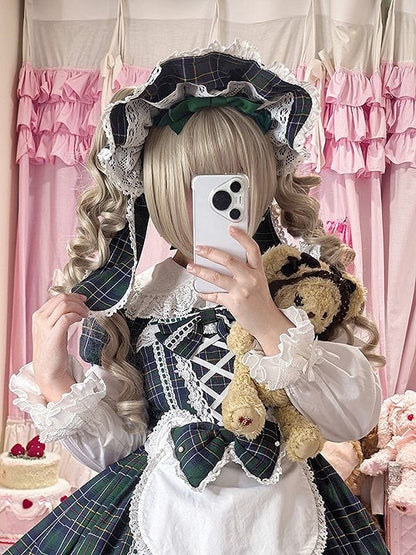 Lolita Bonnet and Bunny Ears Bow Plaid Red/Green with Details