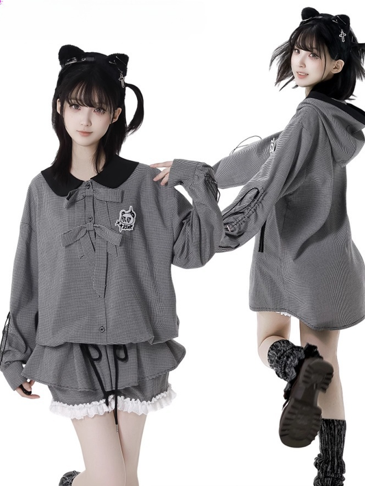 Blouse Drawstring Black and White Plaid Peter Pan Collar Bow Accents Cuffs
