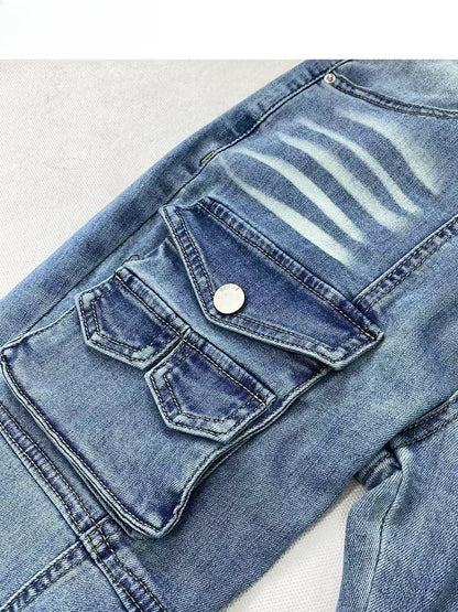 Y2K Vintage Light Blue Low Waist Flared Denim Glamorous Jeans with Cargo Pockets