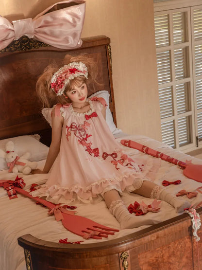 Eyelet Scalloped Sweet Pink Trimming Print Bow Dress and Lolita Bunny