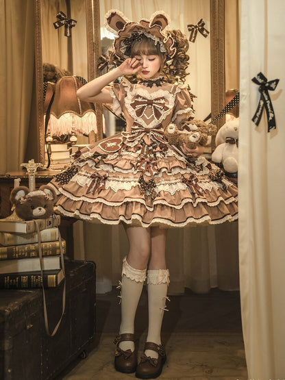 One Bow Ruffle Lolita Sweet Bunny Theme Dress Brown Accents Piece Princess