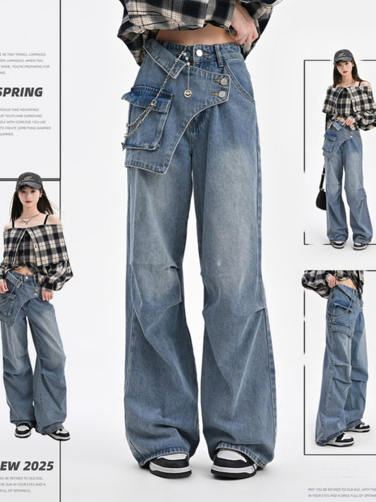 Wide-Leg Jeans Waistline Design Blue Asymmetrical