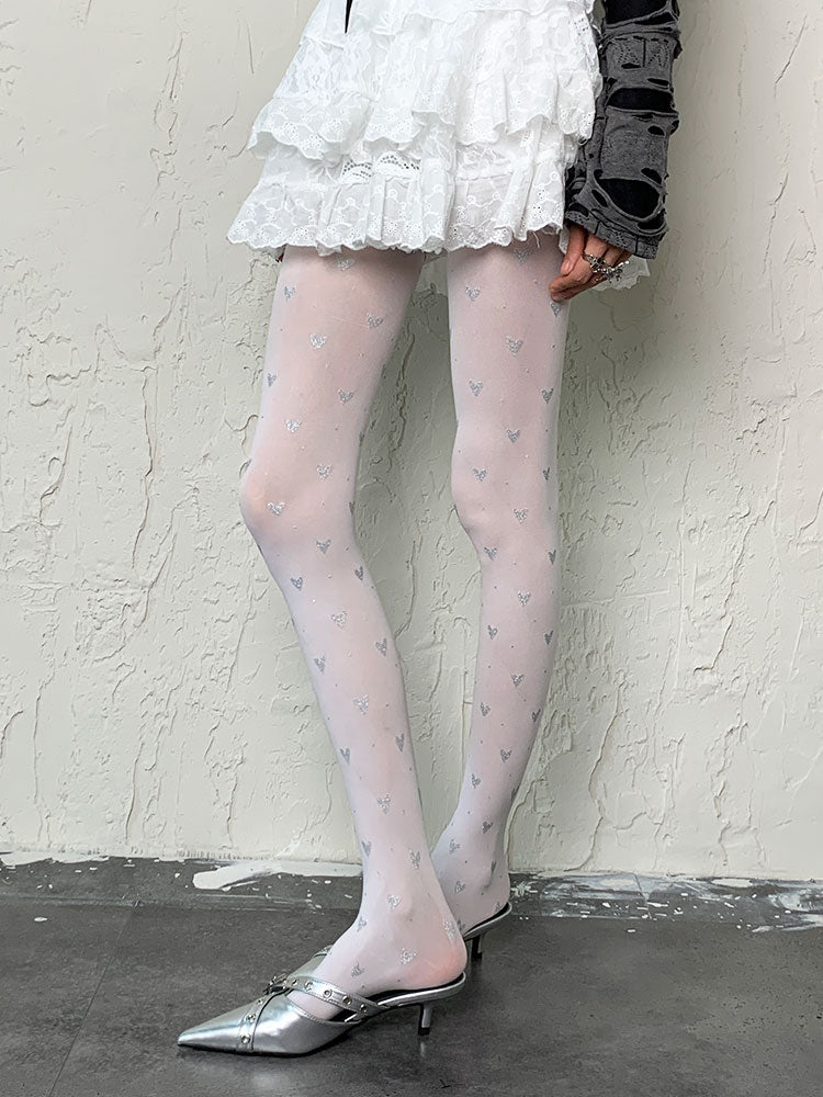 Y2K White Heart Print Tights