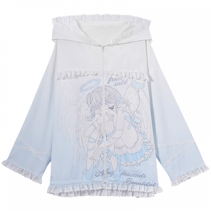 Sonnenschutz mit Kapuze, blau-weiß, Anime-Mädchen-Print, gekräuselter Saum, Jacke, Spitze