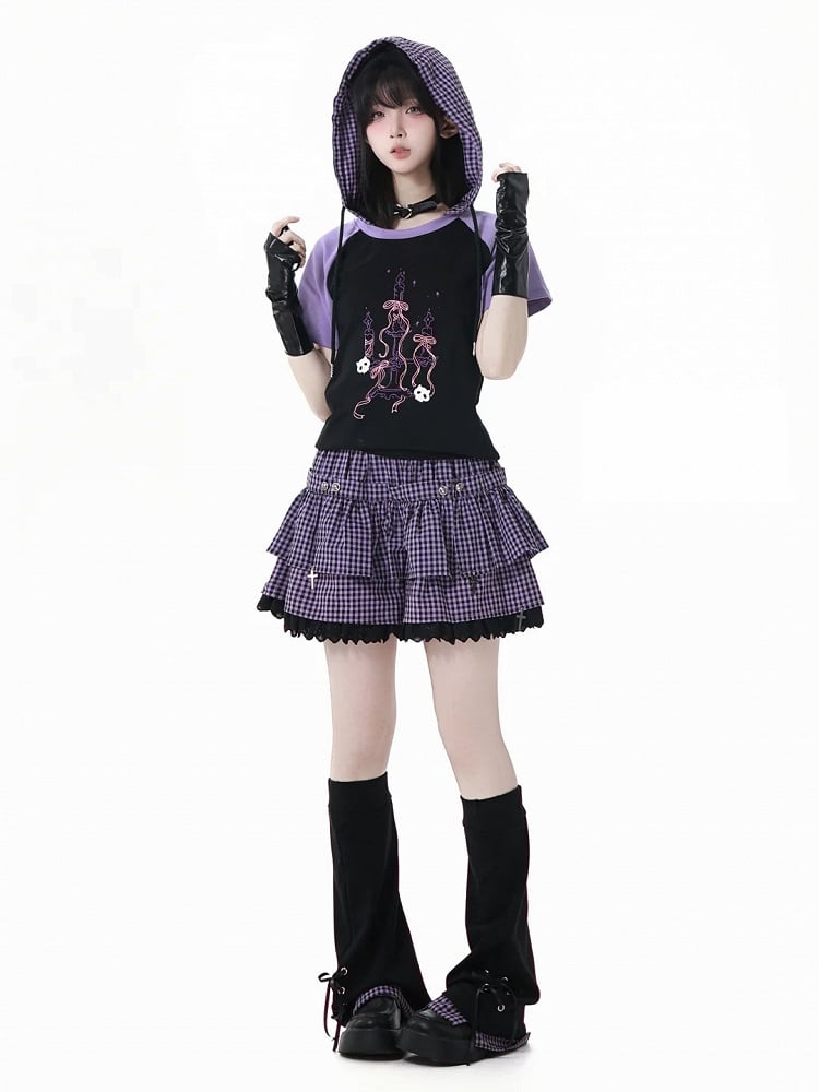 Y2K Purple Elastic Waist Lace Trim Plaid Skort