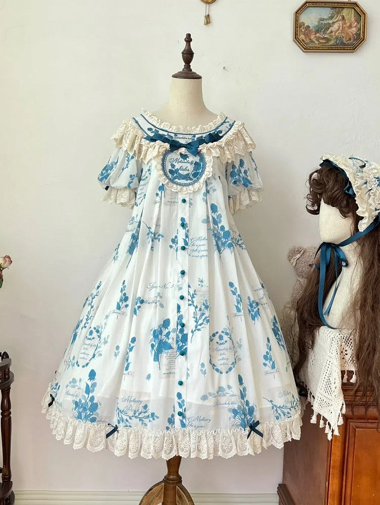 Loose Lolita Print Dress Plus Mulberry Sizes Poetry‌ and Blue Available