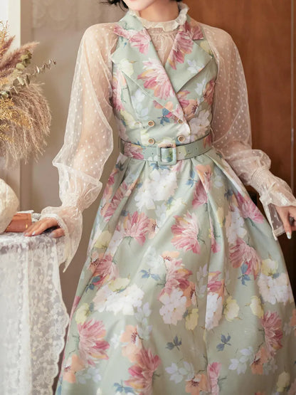 Fashion Floral Dress Blazer Retro Print Collar Green Summer 1950s