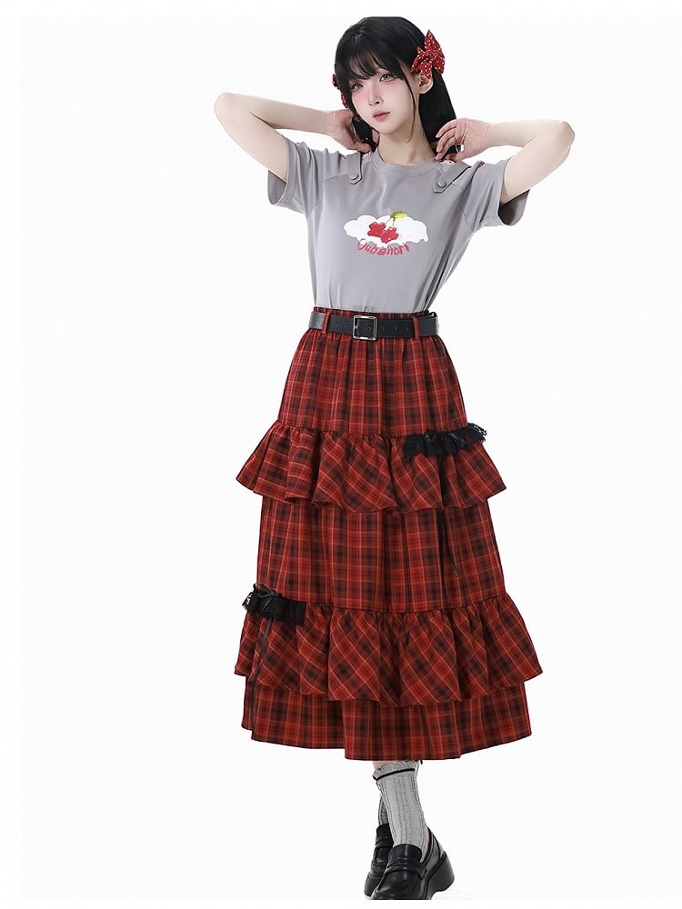 Red Plaid Bowknot Tiered Skirt with Buckle Belt Details