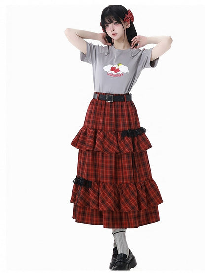 Red Plaid Bowknot Tiered Skirt with Buckle Belt Details