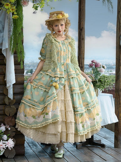 Button Lemon Print Short Skirt Placket Lolita Sleeves Tiered and Front Dress Green Chick