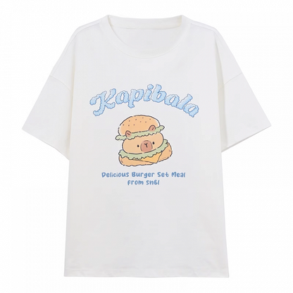 Neck White Round Long Capybara Burger Print T-Shirt Version