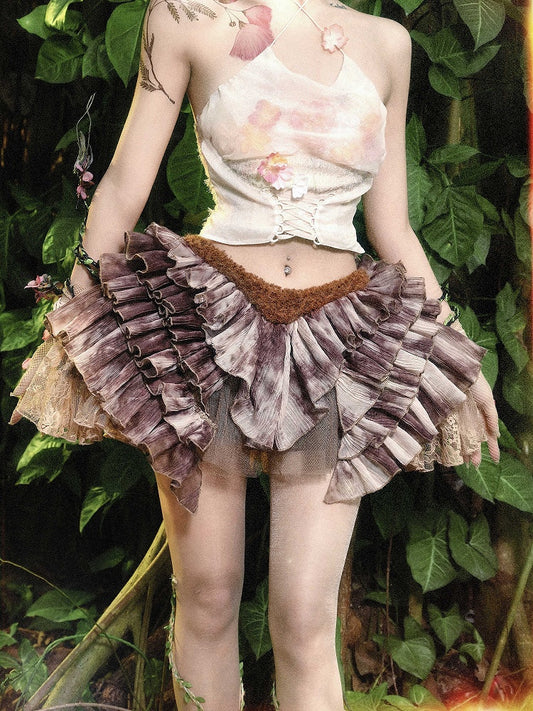 Brown Low Goth Shorts with Lining Tiered Fairy Waist Skirt Tie Ruffles Dye