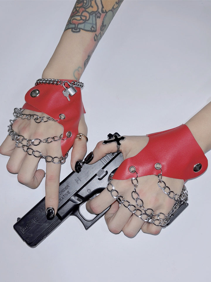 Y2K verziert schwarz/weiß/rot/silber und Schloss Punk Kette PU