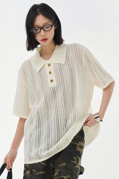 Sheer Mesh Collared T-Shirt