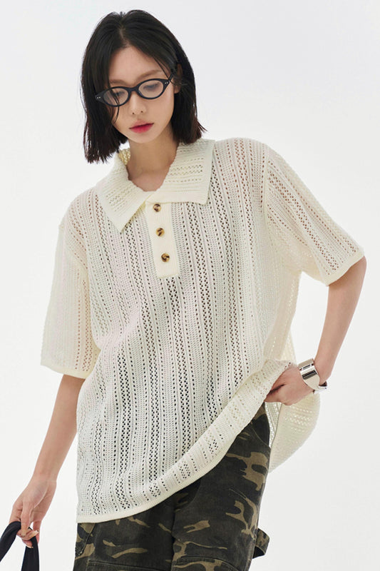 Sheer Mesh Collared T-Shirt
