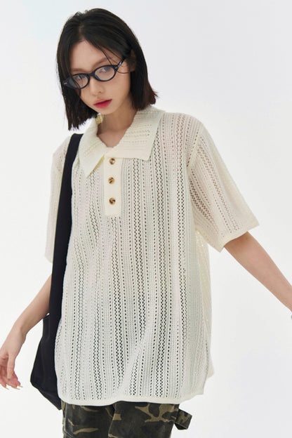 Sheer Mesh Collared T-Shirt
