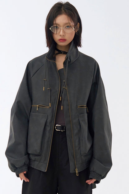 Retro Stand Leather Collar Jacket