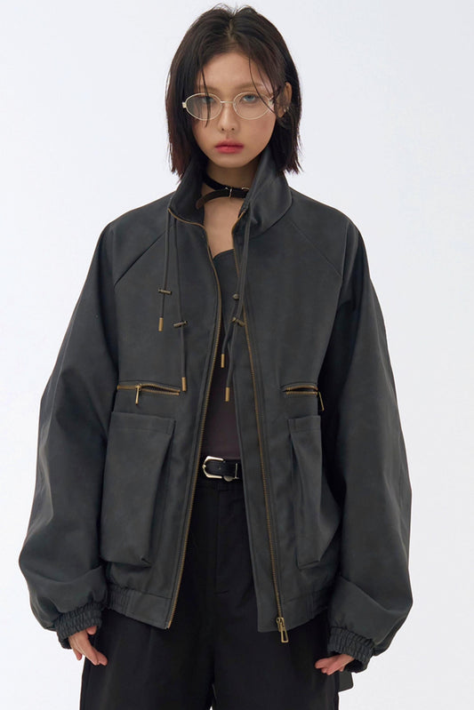 Retro Stand Leather Collar Jacket