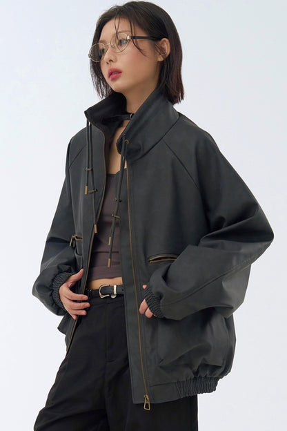 Retro Stand Leather Collar Jacket