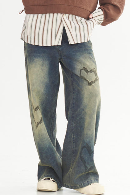 Heart Print Style Street Jeans
