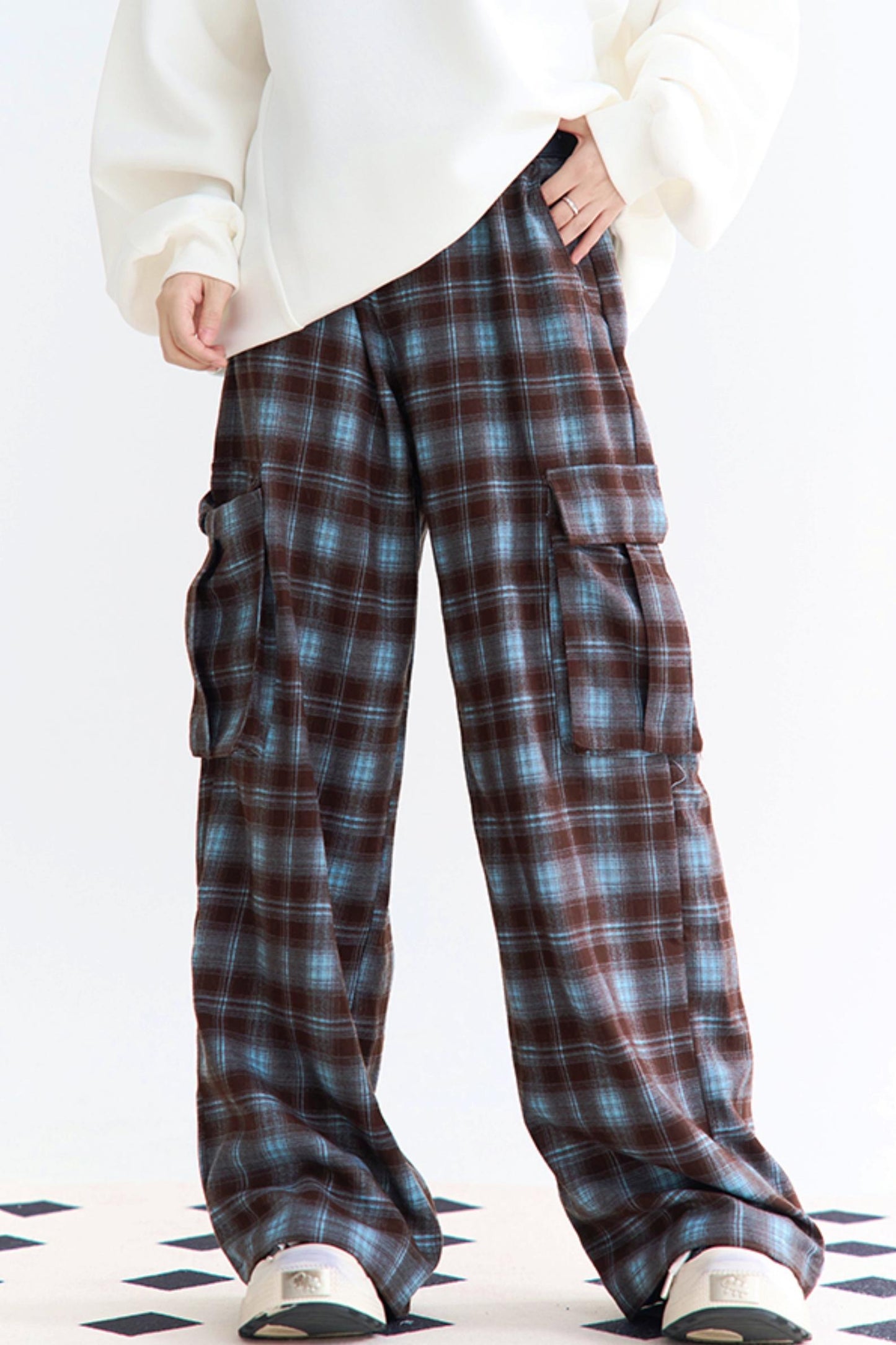 High Pants Check Waist Wide