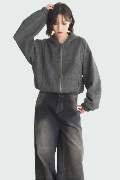 Jacket Gravity Solid Model Museum Versatile Short Spring/Autumn Color Women's Wool - Top Hooded