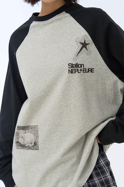 Fit Collision Long Sleeve Loose T-Shirt Print