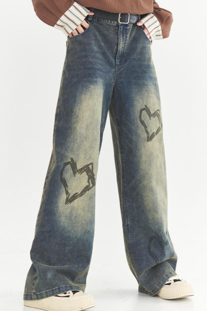 Heart Print Style Street Jeans