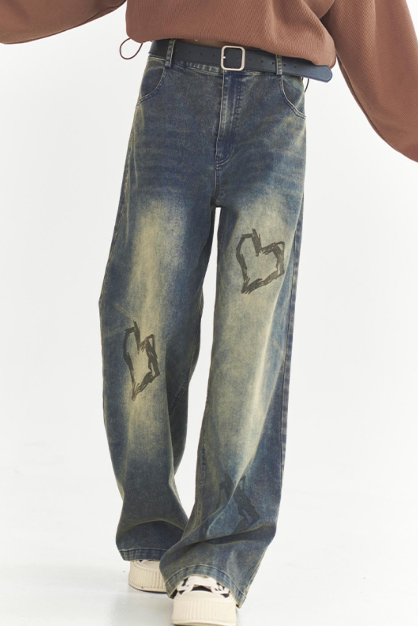 Heart Print Style Street Jeans