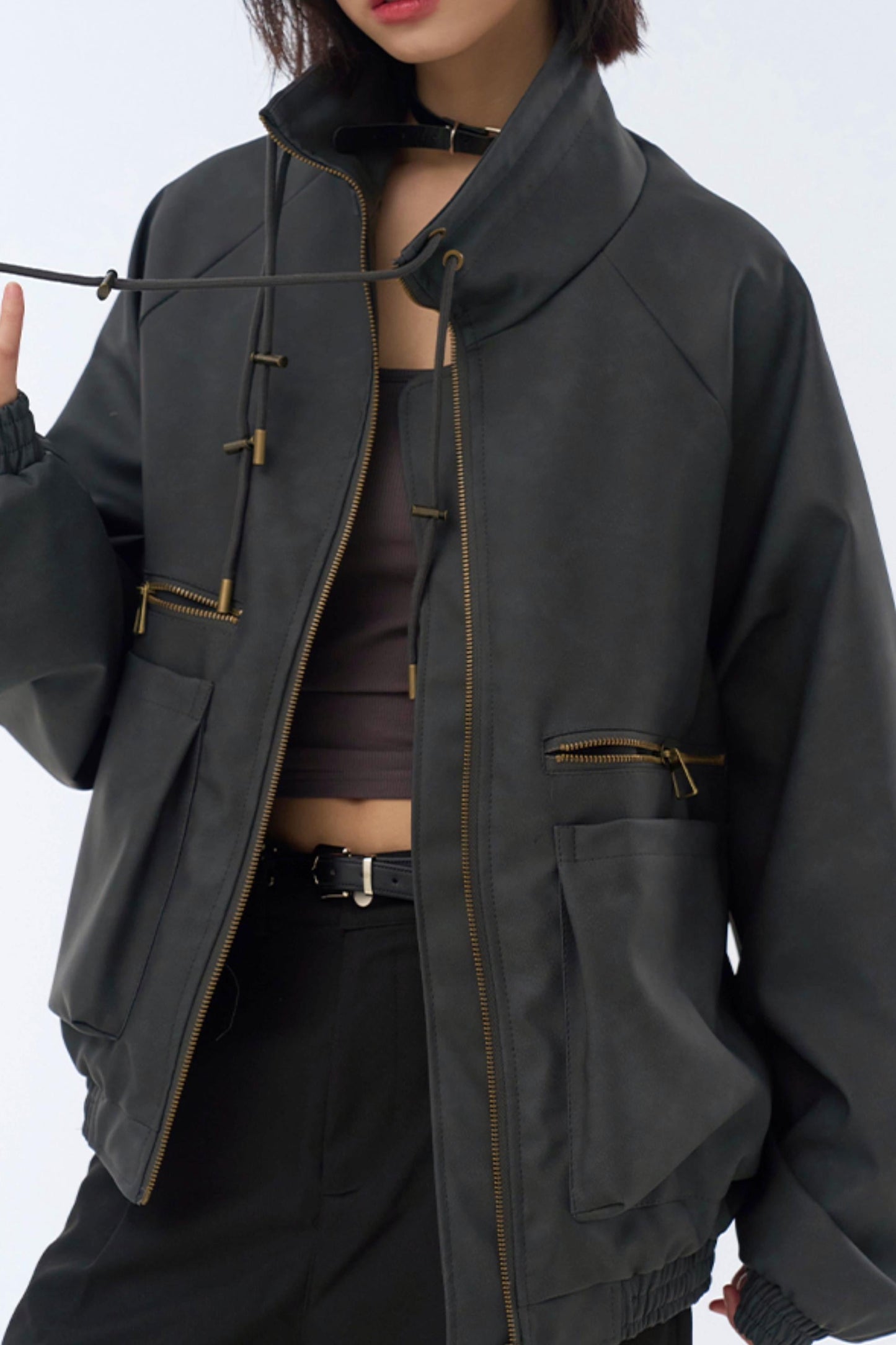 Retro Stand Leather Collar Jacket