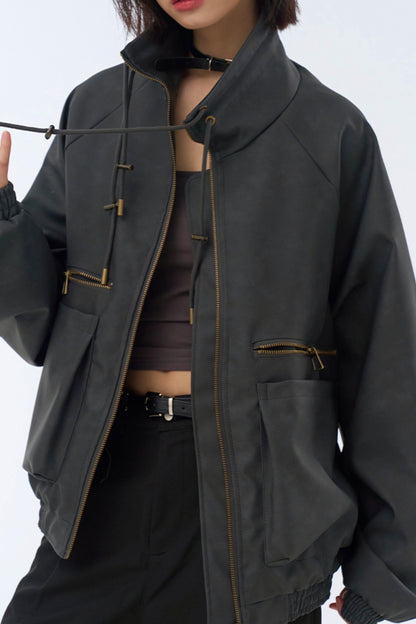 Retro Stand Leather Collar Jacket
