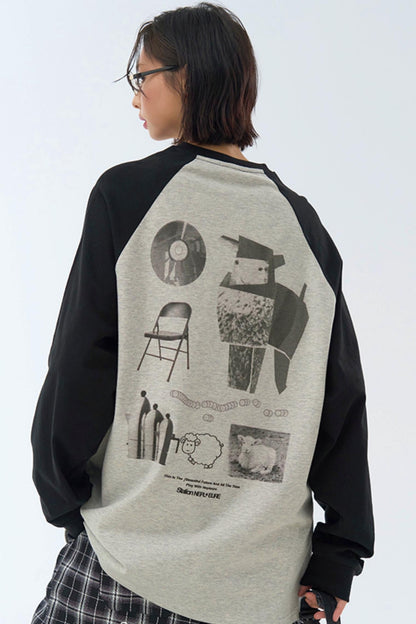 Fit Collision Long Sleeve Loose T-Shirt Print