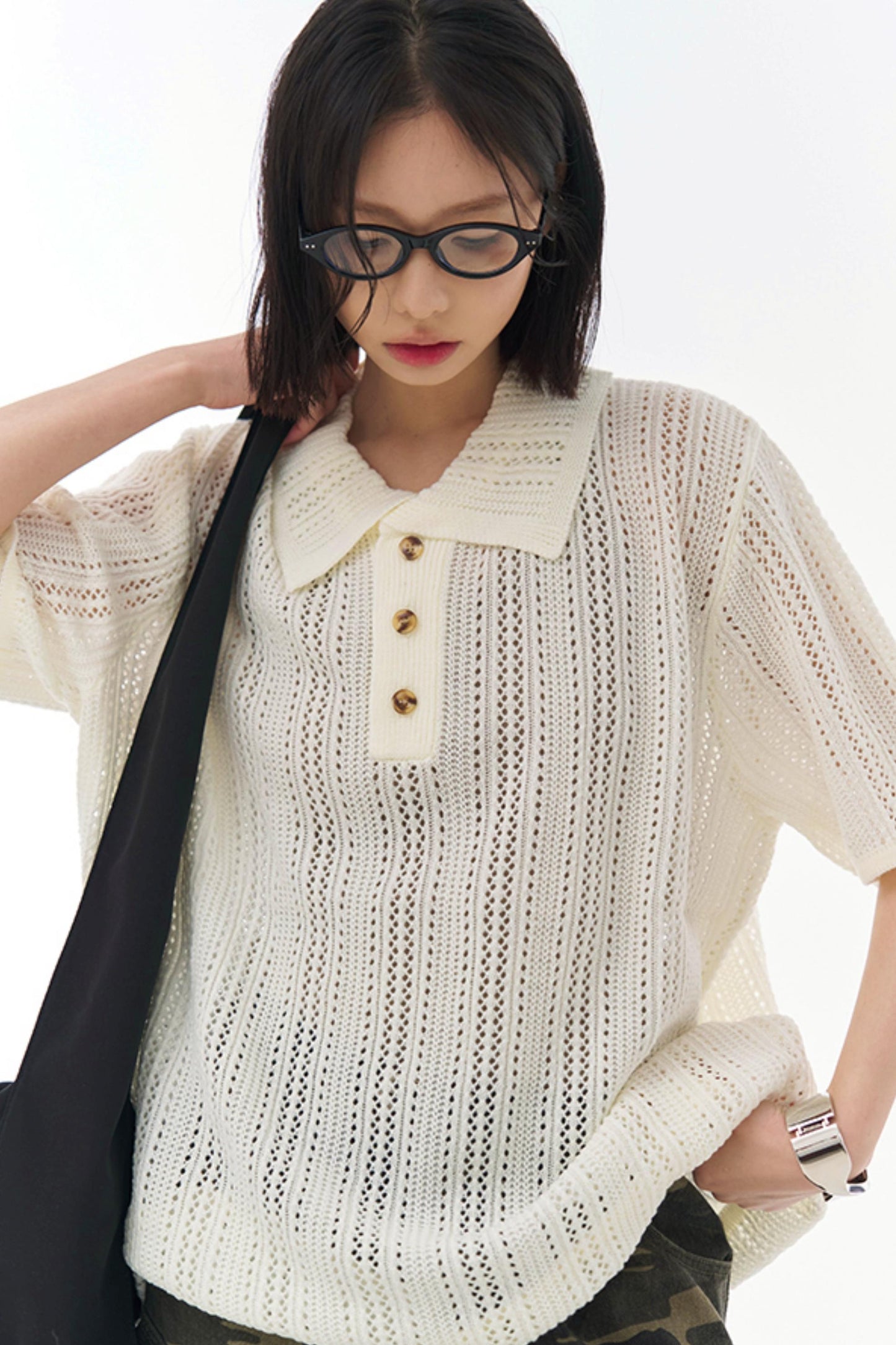 Sheer Mesh Collared T-Shirt