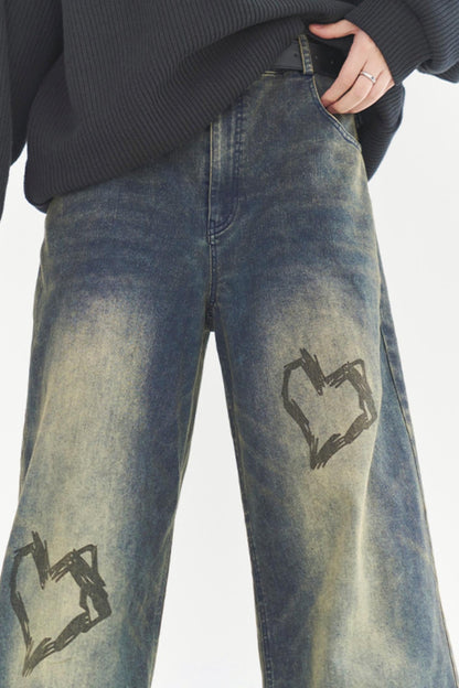 Heart Print Style Street Jeans
