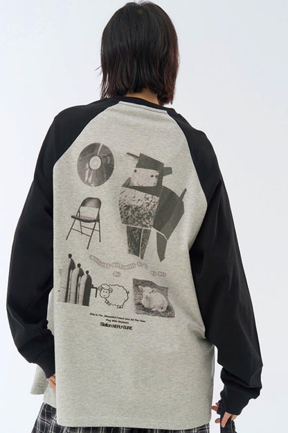 Fit Collision Long Sleeve Loose T-Shirt Print