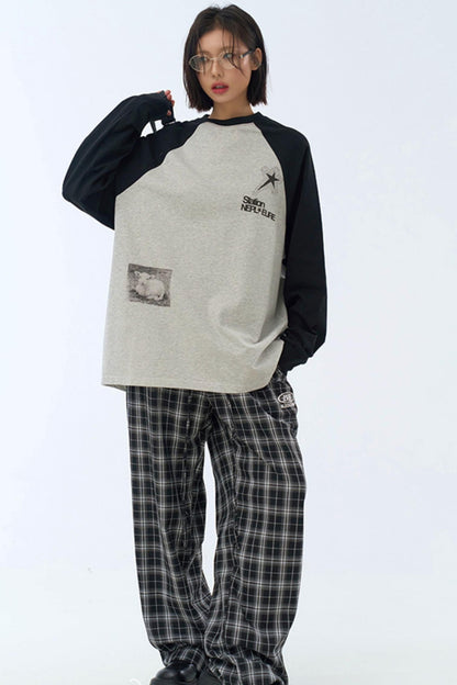 Fit Collision Long Sleeve Loose T-Shirt Print