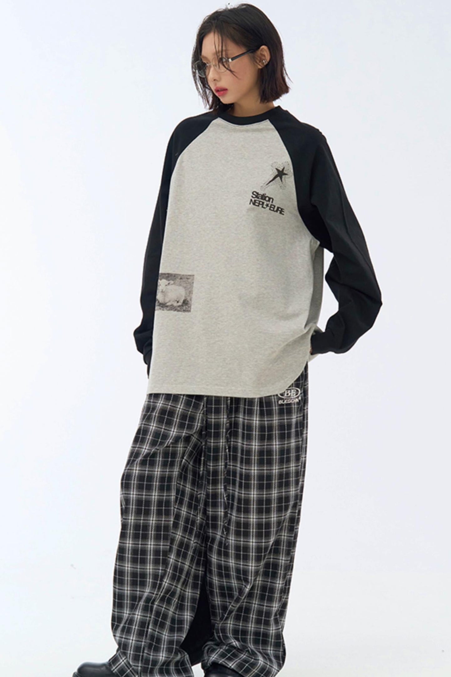 Fit Collision Long Sleeve Loose T-Shirt Print