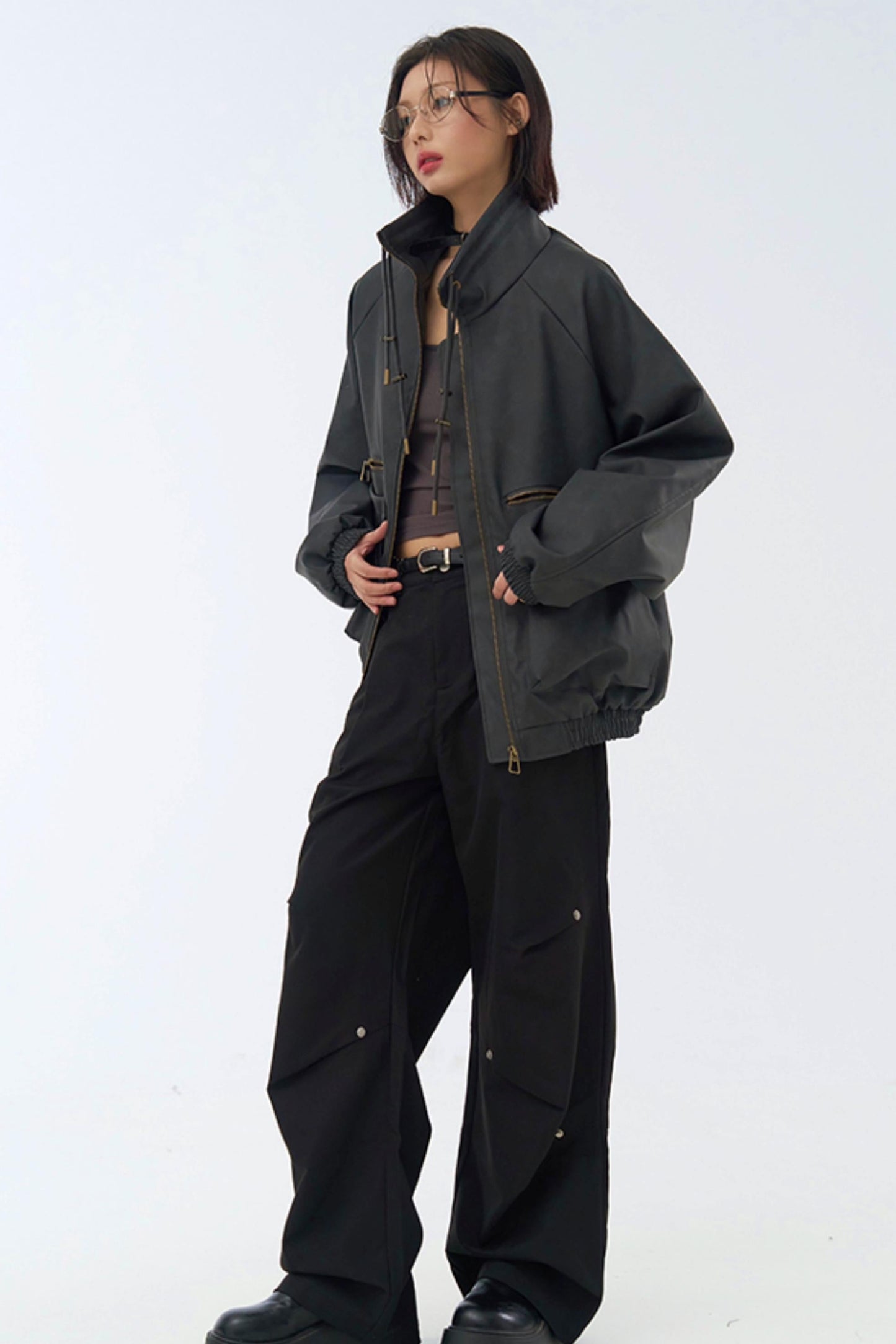 Retro Stand Leather Collar Jacket