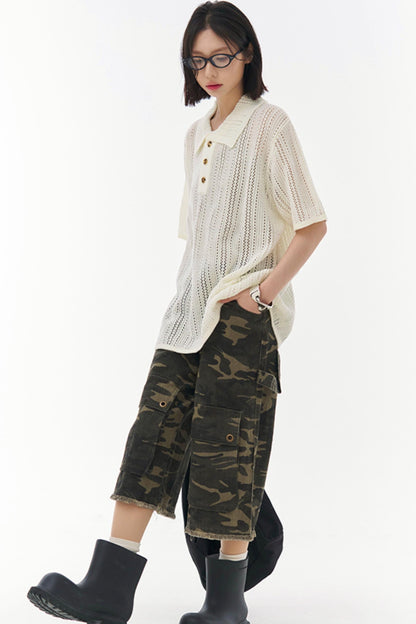 Sheer Mesh Collared T-Shirt