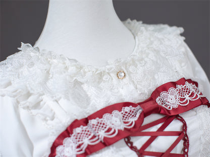 White and Wine Red Lace-up Bow Accents Lace Trim Sweet Princess Dress Lolita Jumper Skirt