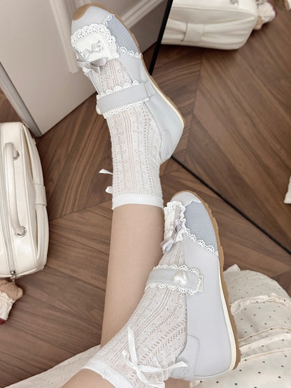 Sneakers Flat with Sweet Bow Lace Edging Gray Decorative Lolita - Velcro Fastening Style