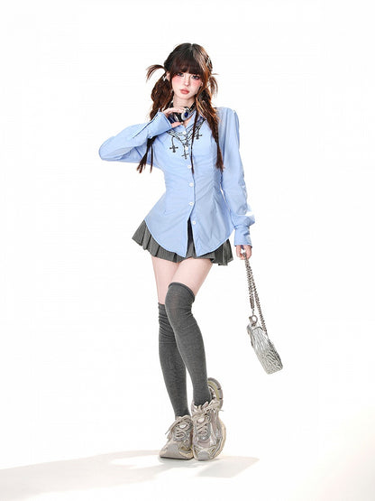 Back at White/Blue with Lace-up Detail Cross Chain Print Shirt