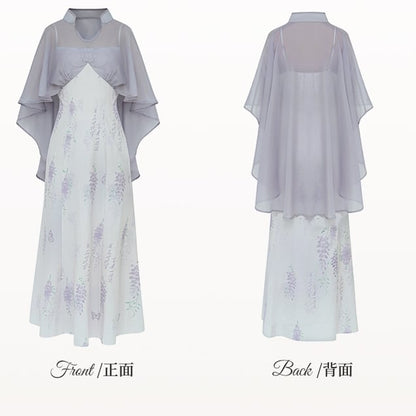 Qipao Design Dress Plus Size Cheongsam Style Purple Print Cape Wisteria